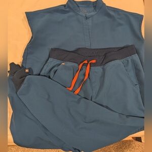 Figs Alps Blue Scrub Set with Orange Drawstring